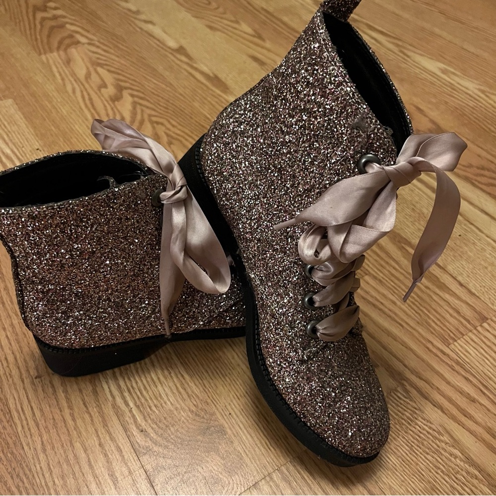 Dirty Laundry Glitter Rose Gold Combat Boots with Pink Ribbon